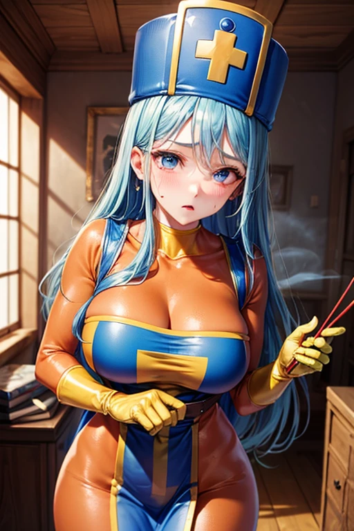 masterpiece, Highest quality,  Unreal Engine,  Super Resolution,  Very detailed, 

Beautiful woman, Dragon Quest Female Monk, long sky blue hair, Blue priest hat, (Orange bodysuit), Mitra, Tabard, Elbow-length gloves, Vivid expression, Healthy Body, Beautifully detailed sweat glands, Smooth skin texture, Carefully drawn, 

(humidity:1.5), (Lewd Scent:1.5), Beautiful Eyes, (Attractive face:1.2), (Beautiful Skin), Tight waist, (Big Breasts), Round Breasts, (Sticky with sweat), Irresistibly sexy pose, 

In the world of Dragon Quest, ((In a room filled with the smoke of aphrodisiac incense)), 