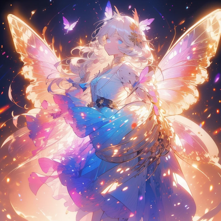 a beautiful (1girl) with colorful butterfly wings, white hair, detailed face, blue eyes,intricate butterfly wings,detailed wing patterns,detailed clothing,colorful butterfly wings,cinematic lighting,golden light particle, best detailed,masterpiece,ultra detailed, best shadow, delicate,action pose, posed,(dynamic angle,detailed background, fantasy), (handsome detailed face), high contrast, (best illumination, an extremely delicate and beautiful), ((cinematic light)), colorful, hyper detail, dramatic light, intricate details, butterfly circle, magic crystals, rainbow, Fantastic fairy, Unique type, Sharp detail line, Double beauty, open gate,