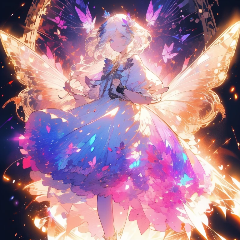 a beautiful (1girl) with colorful butterfly wings, white hair, detailed face, blue eyes,intricate butterfly wings,detailed wing patterns,detailed clothing,colorful butterfly wings,cinematic lighting,golden light particle, best detailed,masterpiece,ultra detailed, best shadow, delicate,action pose, posed,(dynamic angle,detailed background, fantasy), (handsome detailed face), high contrast, (best illumination, an extremely delicate and beautiful), ((cinematic light)), colorful, hyper detail, dramatic light, intricate details, butterfly circle, magic crystals, rainbow, Fantastic fairy, Unique type, Sharp detail line, Double beauty, open gate,