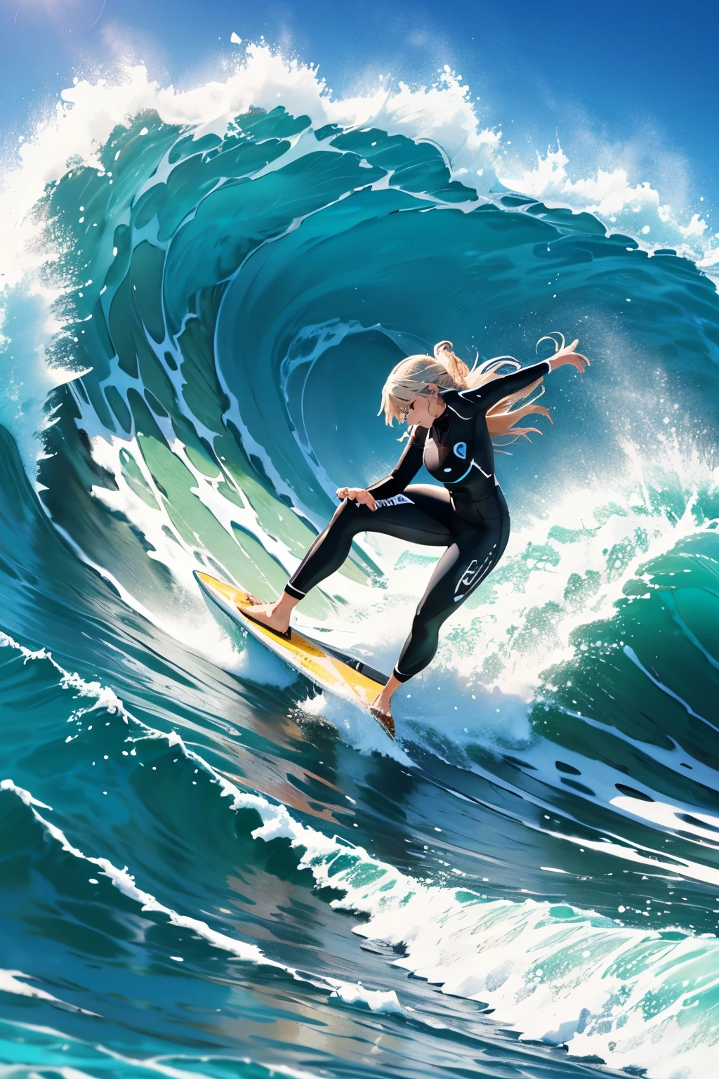 Female surfer riding a wave in the ocean early in the morning、surfing、  big wave surfing、Tube Wave、surfingの写真、Extreme Sports Photography、(Highest quality, masterpiece, High resolution)、8k、wallpaper