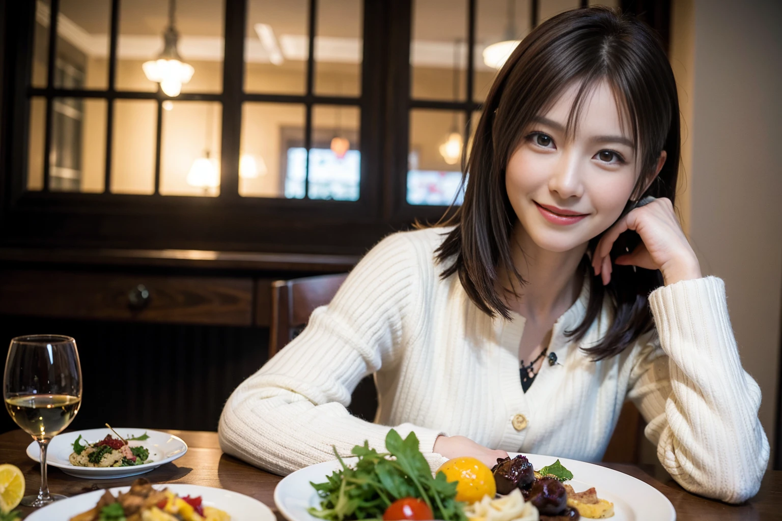 （Realistic:1.1）,(masterpiece,Highest quality)，8k,(49 years old), 53 years old, ベリーslimボディ、slimカップル、Tight waist,Upper Body,full-course dinner、wine 、Amazing view of the sunset sky and clouds、Perfect ???????, Brown Hair, short hair,Random Hairstyles,((Highly detailed face and eyes:1.2))，Perfect golden ratio face，Long sleeve shirt、dress,(smile:1.2)、Shortcuts、cute、(Realistic, Intricate details:1.2), A bright smile、short hair,Bright Face、赤wine 、Appetizers、Italian food、wine bottle、Champagne、スパークリングwine、(slimな顔), (The body is slim), (Brown Hair), (Shortcuts),  Upper Body, 白wine, slim, wineグラス, 