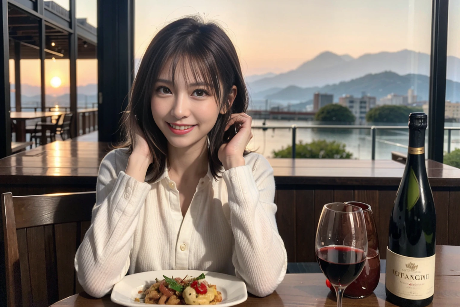 （Realistic:1.1）,(masterpiece,Highest quality)，8k,(49 years old), 53 years old, ベリーslimボディ、slimカップル、Tight waist,Upper Body,full-course dinner、wine 、Amazing view of the sunset sky and clouds、Perfect Anatomy, Brown Hair, short hair,Random Hairstyles,((Highly detailed face and eyes:1.2))，Perfect golden ratio face，Long sleeve shirt、dress,(smile:1.2)、Shortcuts、cute、(Realistic, Intricate details:1.2), A bright smile、short hair,Bright Face、赤wine 、Appetizers、Italian food、wine bottle、Champagne、スパークリングwine、(slimな顔), (The body is slim), (Brown Hair), (Shortcuts),  Upper Body, 白wine, slim, wineグラス, 