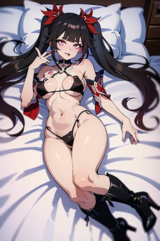a hot seductive mature woman, sparkle, lying down in bed. she has a curvy body, with lovely curves and long sexy legs. her skin is so smooth that it glows. her hair is long and brown, and it's fluffy and messed up. her eyes are blooming red and sharp with long eyelashes. she's wearing a black bikini, as well as a pair of long black boots and a choker. her pose is seductive and alluring: she's lying with down on the bed while looking at the viewer. the viewer is in front of her and has a close up of her body from above. HD, very detailed picture, tongue out, full body, open legs