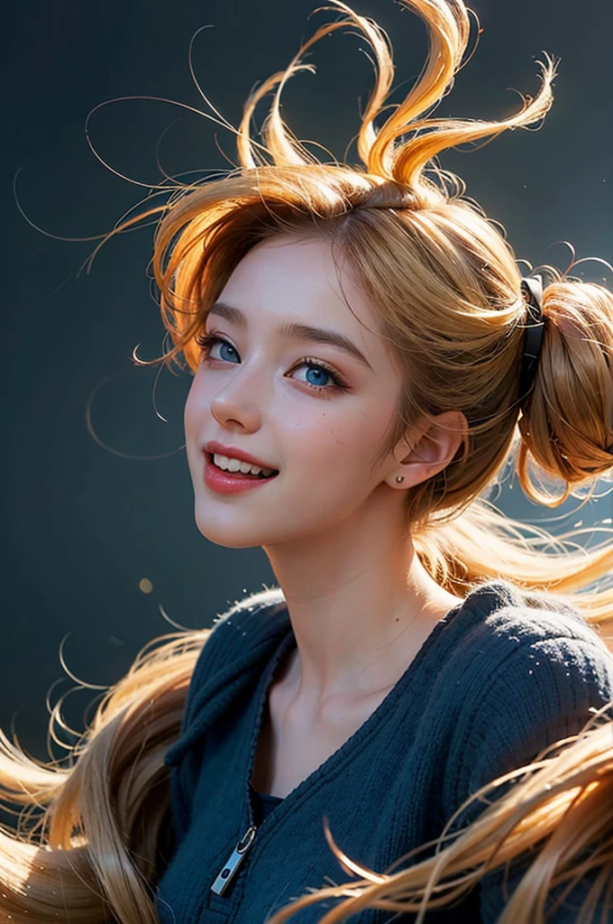 1girl, laughing, blonde hair, blue eyes, sopi, Subtle narrative, festive atmosphere, atmospheric perspective, dynamic movement, ethereal quality,solo,low fantasy,Lively Brushwork, Striking Composition, Psychedelic Imagery,
