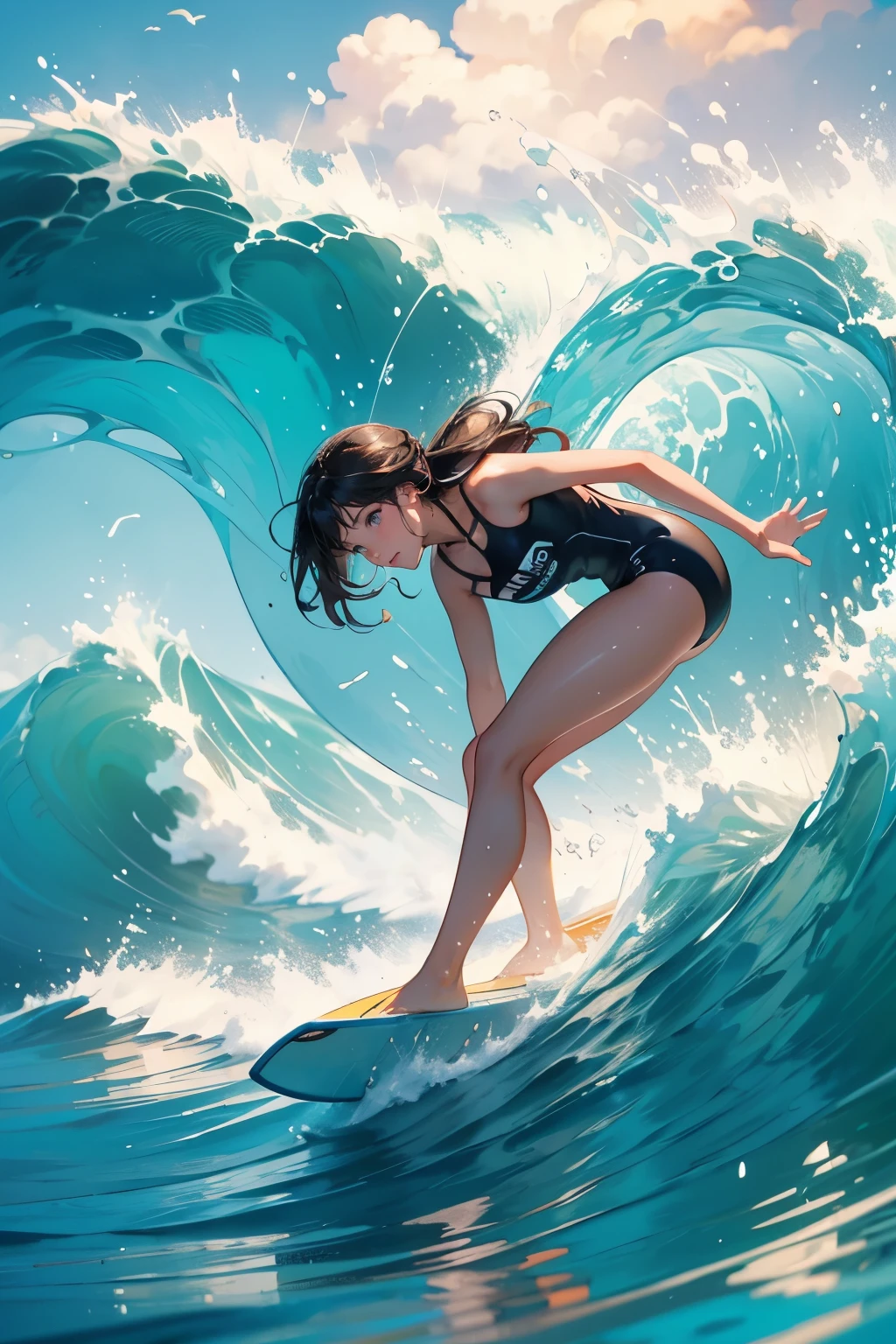 Female surfer riding a wave in the ocean early in the morning、surfing、  big wave surfing、Tube Wave、surfingの写真、Extreme Sports Photography、(Highest quality, masterpiece, High resolution)、8k、wallpaper