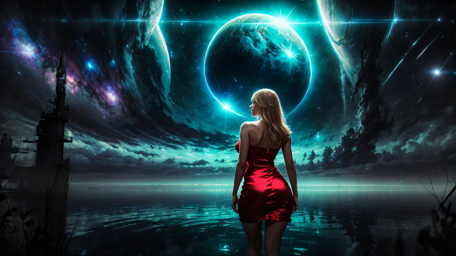 A masterpiece of photorealistic artwork, rendered in stunning 4K detail. In the center of a dark and mysterious landscape, a beautiful 30-year-old (Russian girl) stands tall, wearing a (red dress:1.3) that seems to glow in the dim light. Her (straight blonde hair) cascade in her back, while her big blue eyes seem to pierce through the darkness. The camera captures her close-up, looking directly at us with an air of seduction. In the background, a strange lake reflects the majestic gas giant planet hanging low in the sky, its volumetric lighting casting an otherworldly glow. The atmosphere is heavy with cosmic horror, as stardust wind whispers through the surreal landscape. A cowboy shot framing captures the goddess's sensual dynamic pose, drawing us into her world of mystery and enchantment. (Small buttocks:1.3), (huge tits:1.5). (Tight dress, short dress, slit dress, silk dress:1.5)