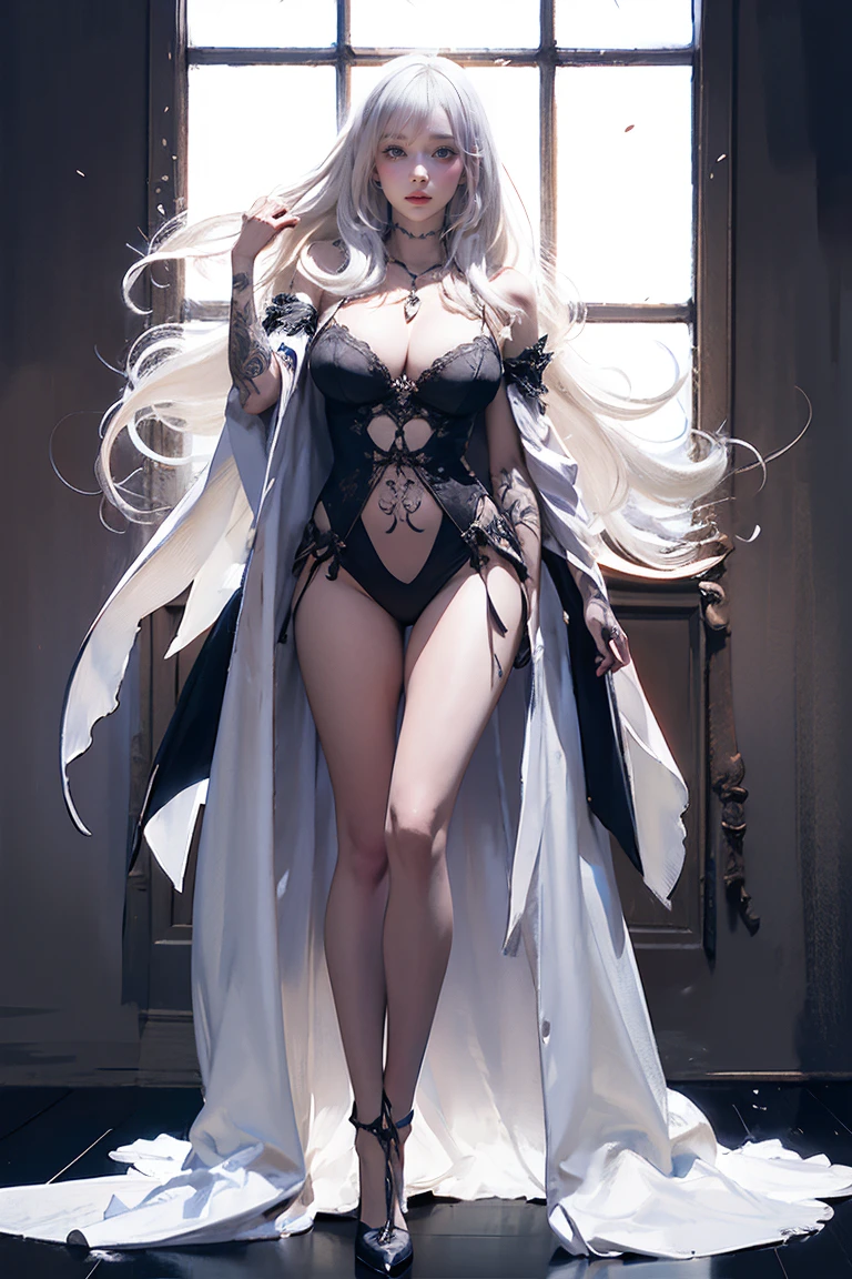 ((Woman with tattoo on chest)), girl, ((long white hair with bangs,,, Black strands of hair)), Purple eyes, White T-shirt and white cape, Pendant around the neck. 超High resolution.Realistic. 超High resolution.Realistic:1.4,超High resolution. Realistic，High resolutionで, masterpiece, Highest quality, Very detailed, Better Shadows, Volumetric lighting), super high quality, High resolution, 8k, 超Realisticな肖像画 , Realistic, Dynamic Lighting, Volumetric lighting, Very detailed顔,(Browsing Caution:1.0), Full Body Stand Posture, Thin legs, ((Large Breasts)), Detailed facial details, Natural and beautiful standing posture,