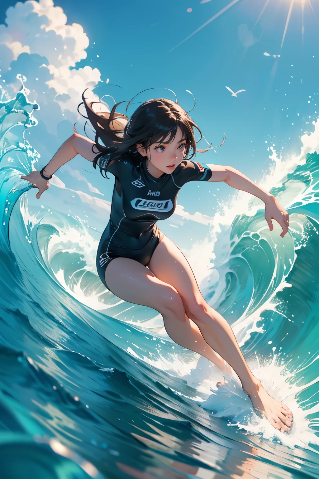 a  lovely kid giside ponytails，Sea surfing，Surrounded by waves，