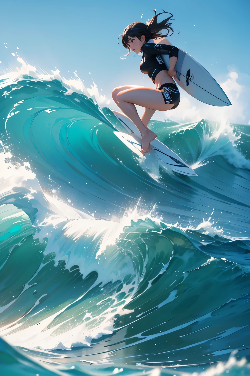 Female surfer riding a wave in the ocean early in the morning、surfing、  big wave surfing、Tube Wave、surfingの写真、Extreme Sports Photography、(Highest quality, masterpiece, High resolution)、8k、wallpaper