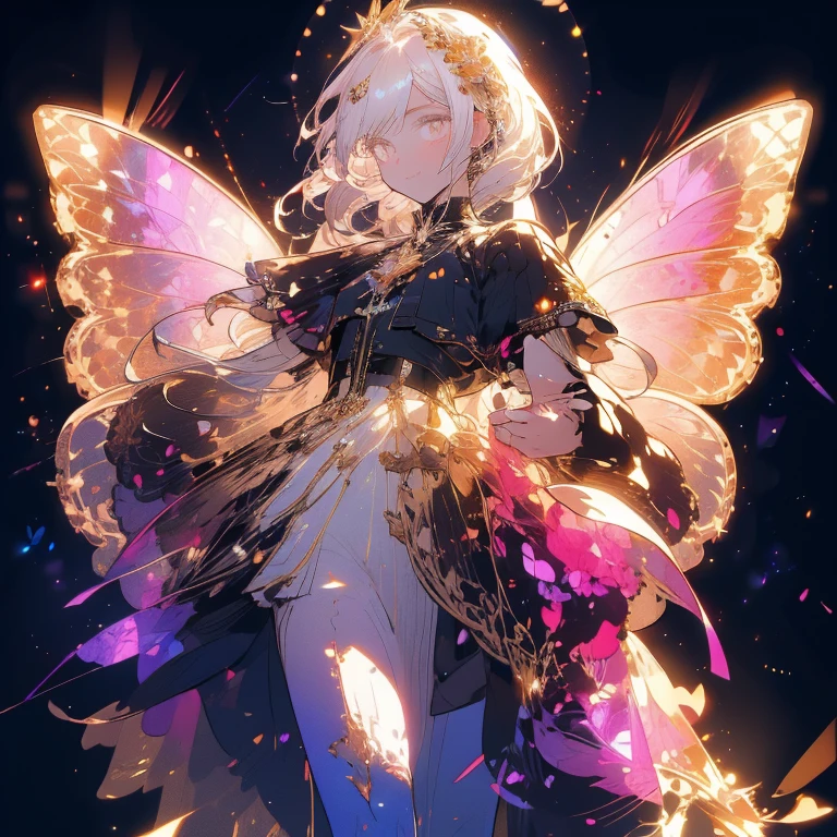 a beautiful (1girl) with colorful butterfly wings, white hair, detailed face, golden eyes,intricate butterfly wings,detailed wing patterns,detailed clothing,colorful butterfly wings,cinematic lighting,golden light particle, best detailed,masterpiece,ultra detailed, best shadow, delicate,action pose, posed, posture, best angle(dynamic angle,detailed background, fantasy), (handsome detailed face), high contrast, (best illumination, an extremely delicate and beautiful), ((cinematic light)), colorful, hyper detail, dramatic light, intricate details, butterfly circle, magic crystals, rainbow, Fantastic fairy, Unique type, Sharp detail line, Double beauty, open gate,