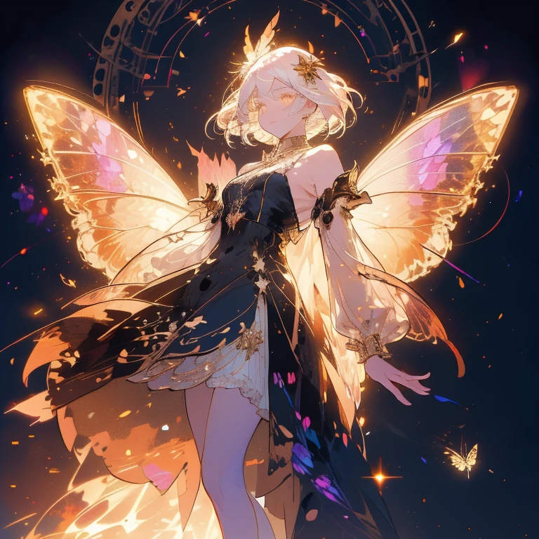 a beautiful (1girl) with colorful butterfly wings, white hair, detailed face, golden eyes,intricate butterfly wings,detailed wing patterns,detailed clothing,colorful butterfly wings,cinematic lighting,golden light particle, best detailed,masterpiece,ultra detailed, best shadow, delicate,action pose, posed, posture, best angle(dynamic angle,detailed background, fantasy), (handsome detailed face), high contrast, (best illumination, an extremely delicate and beautiful), ((cinematic light)), colorful, hyper detail, dramatic light, intricate details, butterfly circle, magic crystals, rainbow, Fantastic fairy, Unique type, Sharp detail line, Double beauty, open gate,