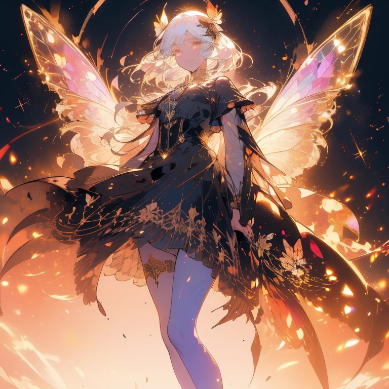 a beautiful (1girl) with colorful butterfly wings, white hair, detailed face, golden eyes,intricate butterfly wings,detailed wing patterns,detailed clothing,colorful butterfly wings,cinematic lighting,golden light particle, best detailed,masterpiece,ultra detailed, best shadow, delicate,action pose, posed, posture, best angle(dynamic angle,detailed background, fantasy), (handsome detailed face), high contrast, (best illumination, an extremely delicate and beautiful), ((cinematic light)), colorful, hyper detail, dramatic light, intricate details, butterfly circle, magic crystals, rainbow, Fantastic fairy, Unique type, Sharp detail line, Double beauty, open gate,