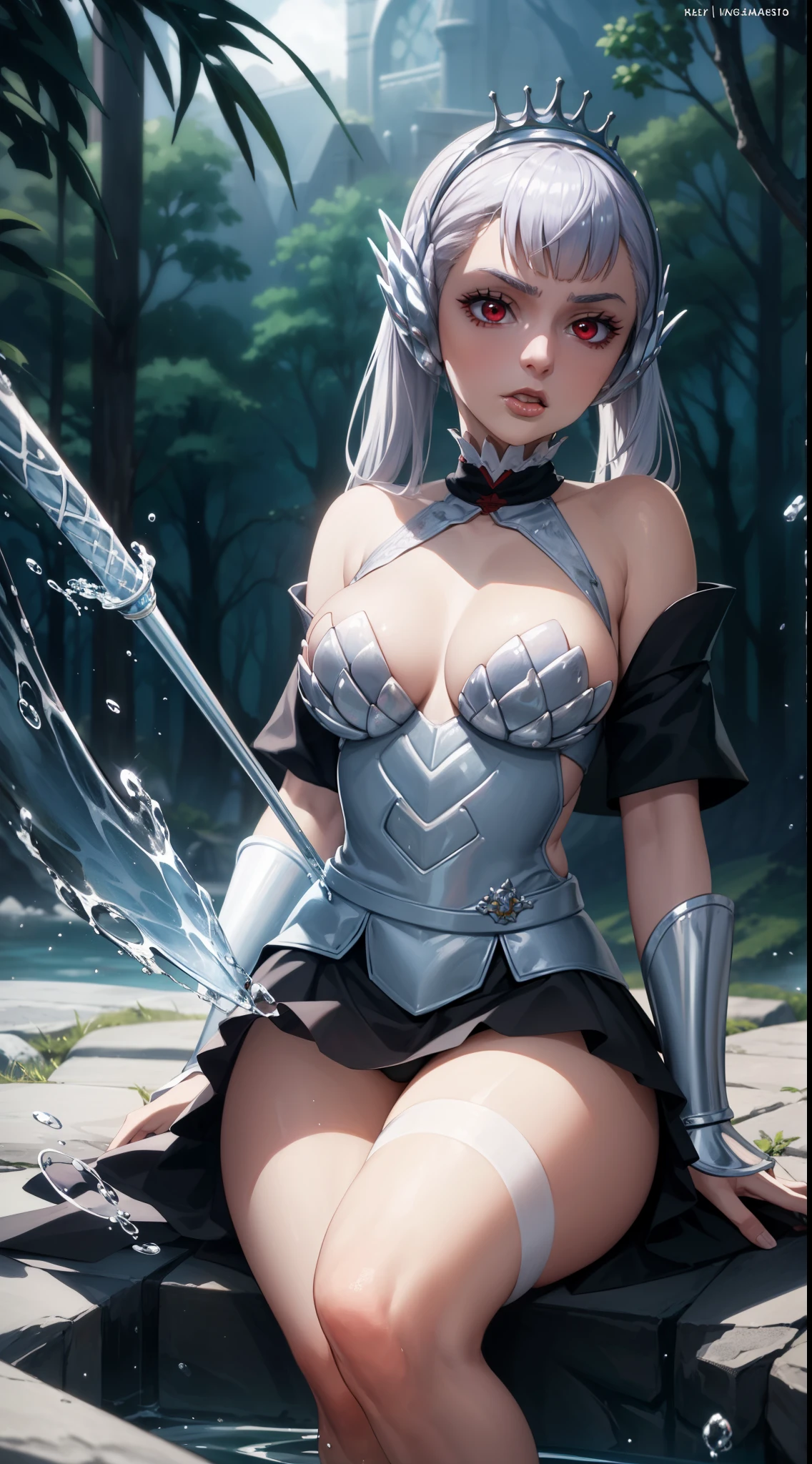 Bela, masterpiece, extremely detaild, best qualityer, best ilumination, best shade, face perfect, White hair, - Red eyes, Noelle Silva de Black Chover, hair, silver spear, water armor, magic wand, water, drooling tongue, sensuous, fully body, sitting