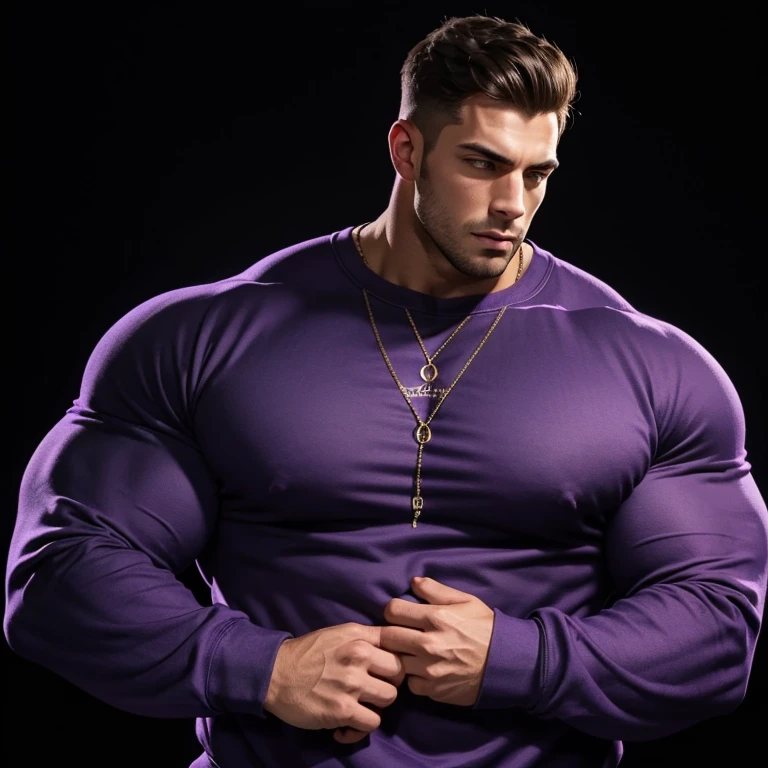 a very handsome young man, massively muscular, with massively large muscles, with massively large biceps, with massively large arms, wearing a simple purple sweatshirt with long sleeves, on a black background