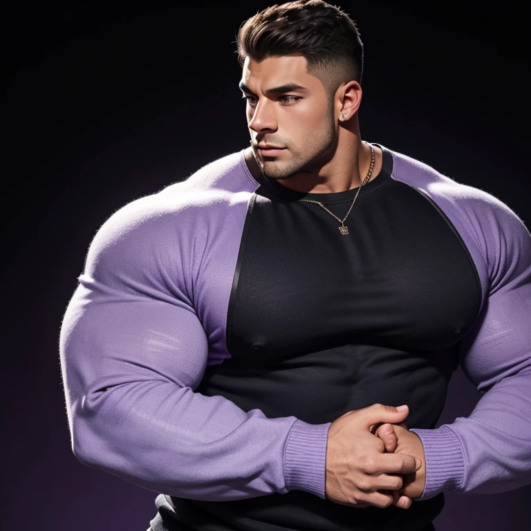 a very handsome young man, massively muscular, with massively large muscles, with massively large biceps, with massively large arms, wearing a simple purple sweatshirt with long sleeves, on a black background