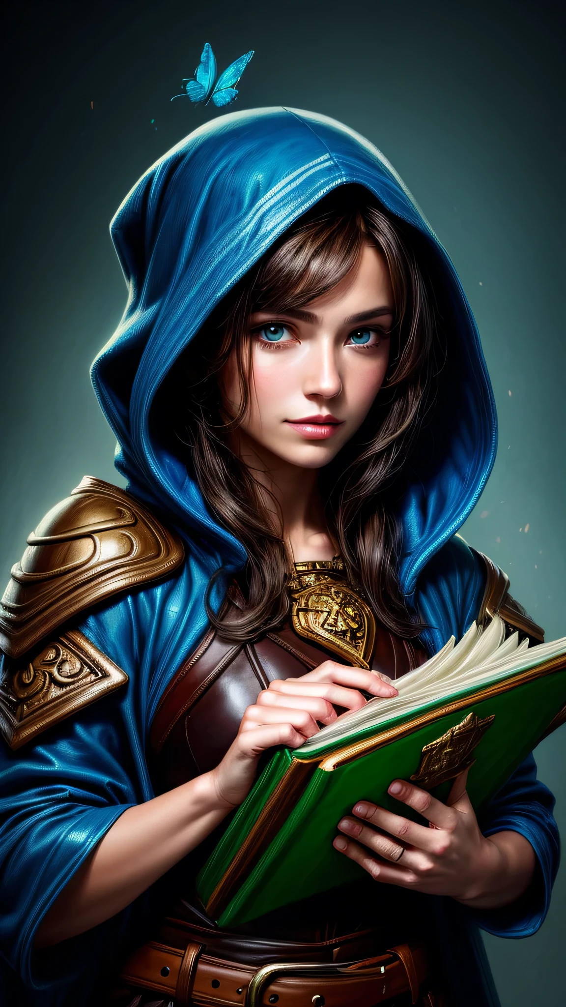 Quick Portrait Painting of a Fantasy Brunette Human Adventurer, with a blue hood, in a temple, d&charachter, holding a large leather-bound magical book with a butterfly on the cover of the book, slight smile on your face.