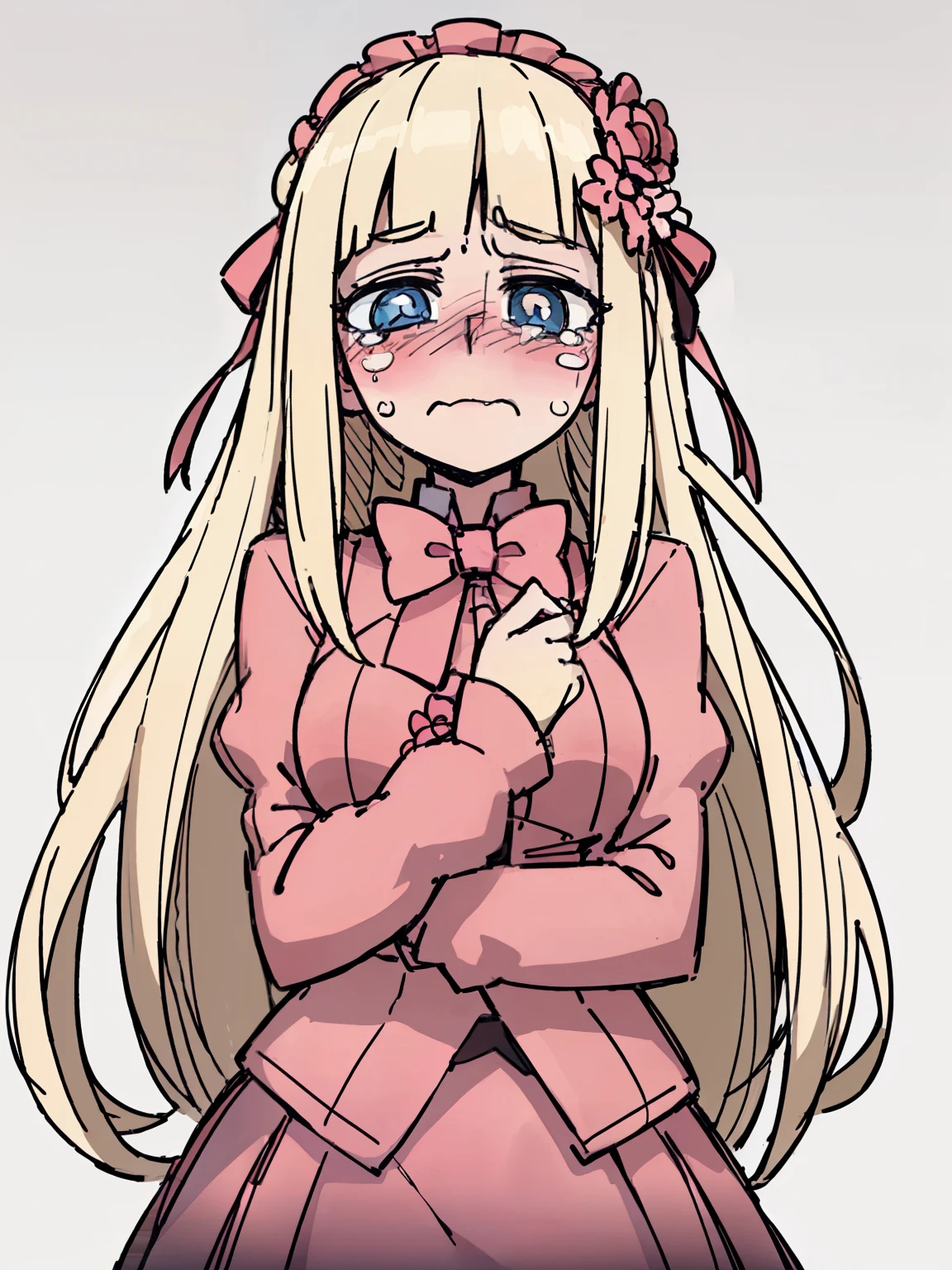 ((A woman,Long blond hair,Pink dress,ta Skirt,Pink flower hairpin)),Blue pupils,Bow tie on chest,front,Half Body,((cry)),blush,White background