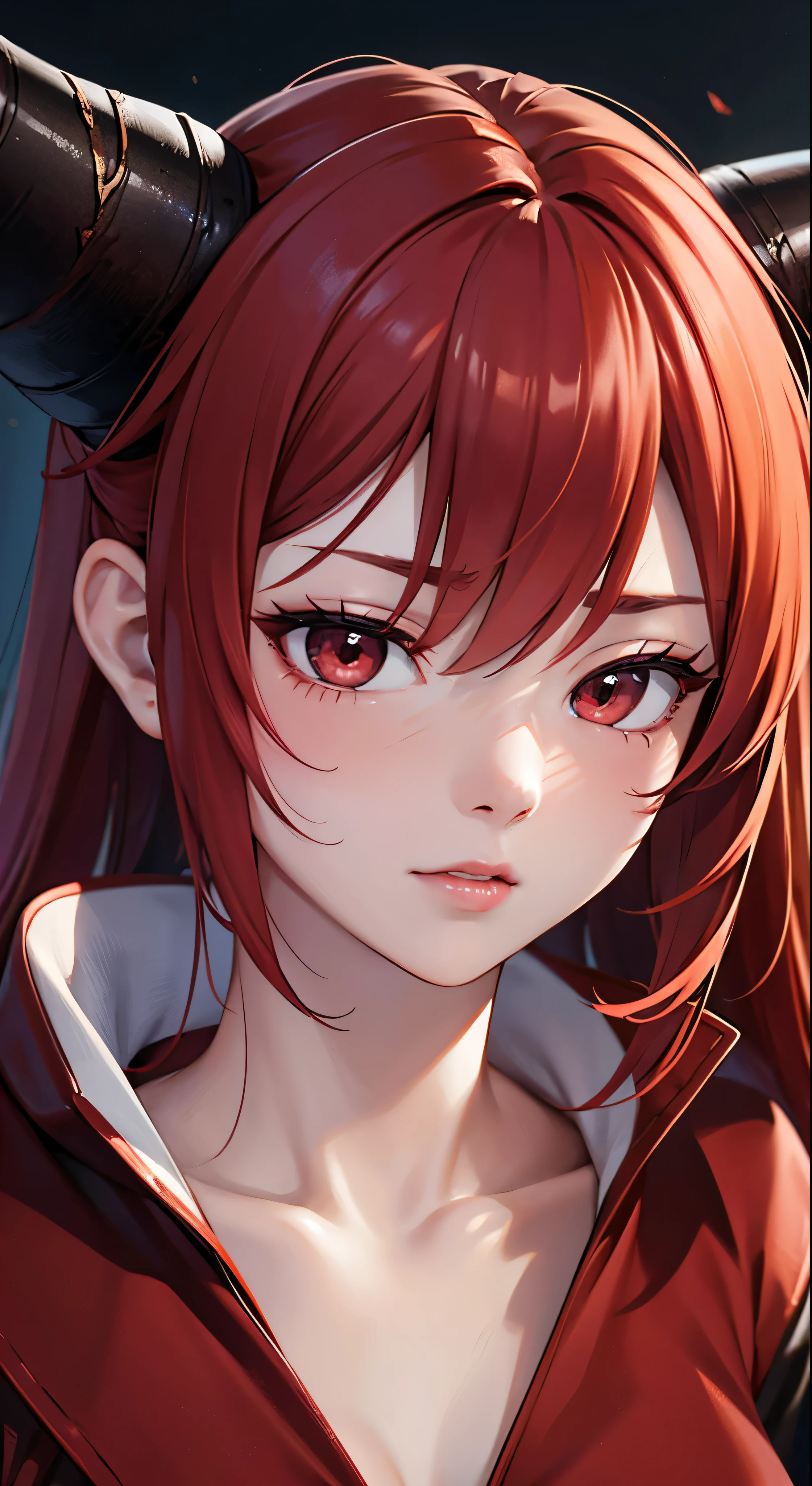 Horns and scratched face(Red Hair)Highly detailed and seductive erotic woman with、Focus on the face、Focused on the face、Complex eyes、