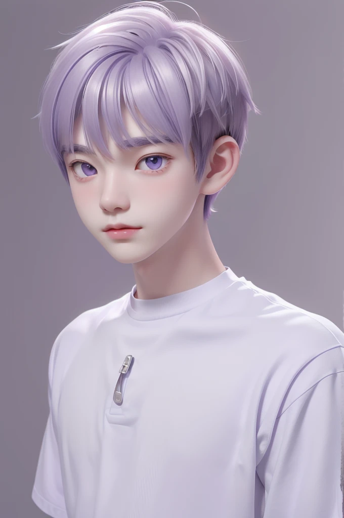 Best quality, cartoon_Portrait, solo 1Boy, man with short white-purple hair, light pastel, looking at viewer, simple background, gray eyes, closed mouth, long white shirt. , lips, swept bangs, bedroom background, red lips, white cat