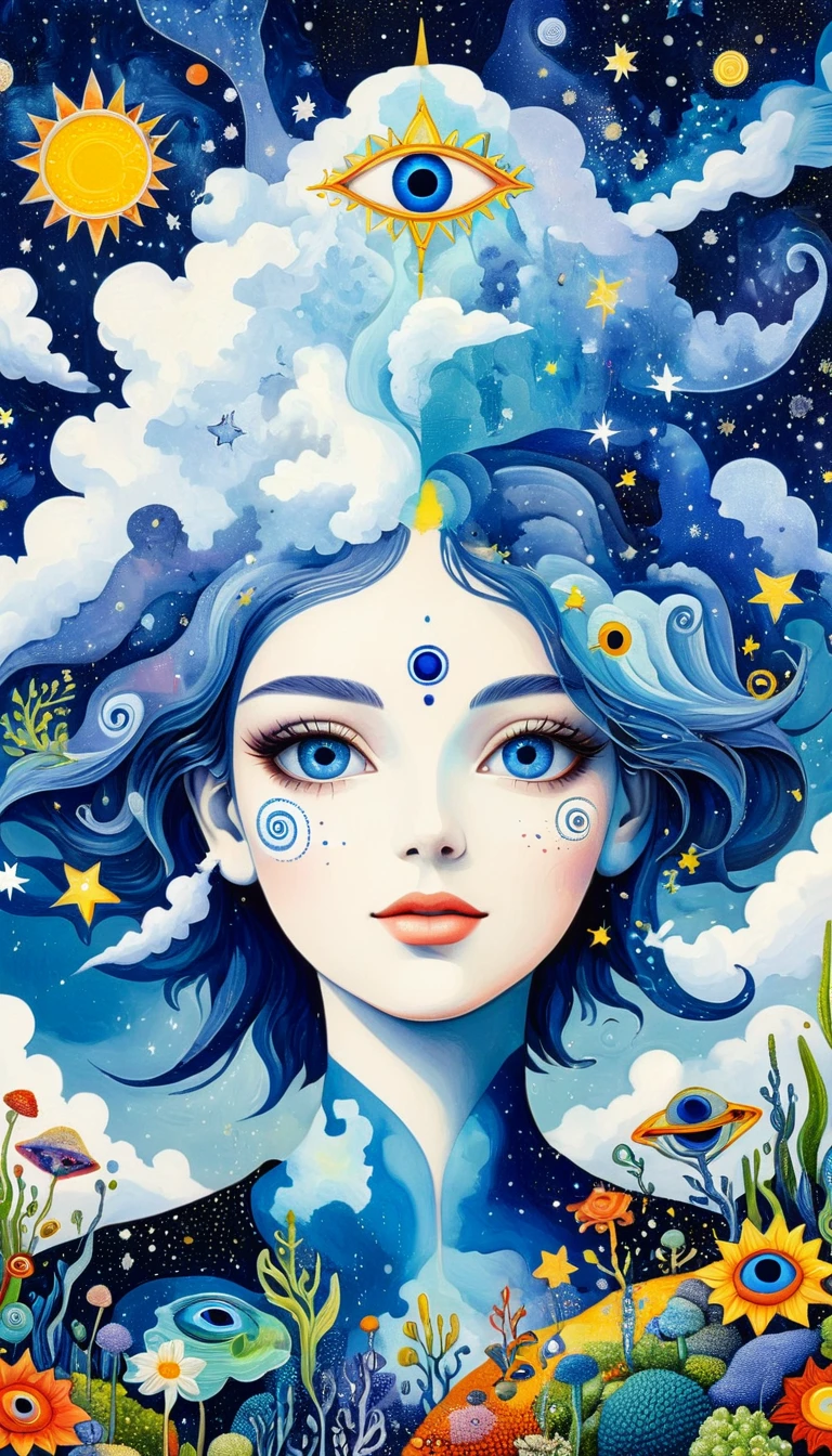 Picasso art style：Psychedelic Art。plant、Marine Life、(((Charming eyes，The Third Eye)))、cloud、Starry Sky，Galaxy、Planet、Stitching together an abstract painting，Describing the inner world of autistic people，Sense of space，Blank，White space，Pointillism method，Childish lines，Klein Blue