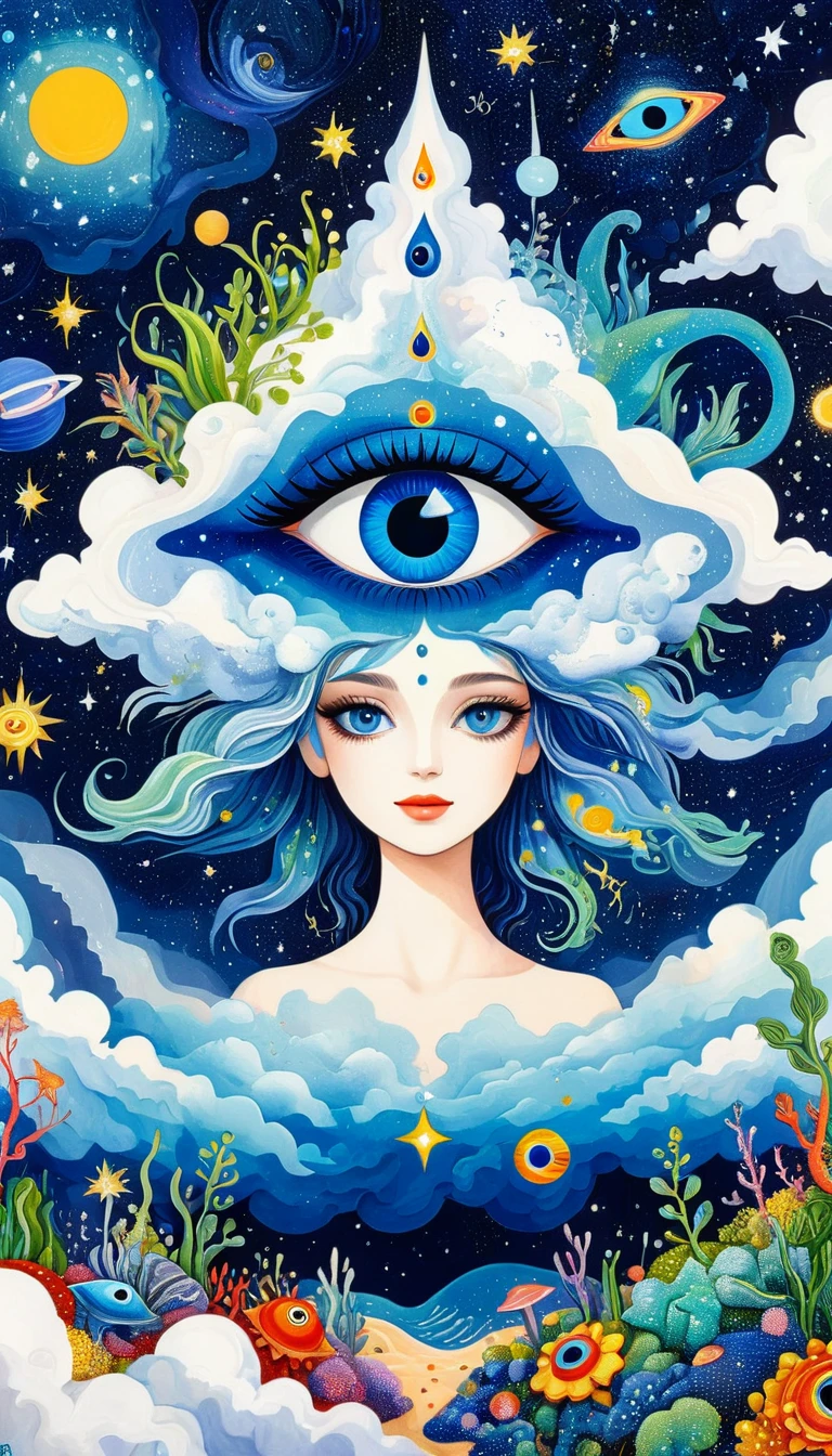 Picasso art style：Psychedelic Art。plant、Marine Life、(((Charming eyes，The Third Eye)))、cloud、Starry Sky，Galaxy、Planet、Stitching together an abstract painting，Describing the inner world of autistic people，Sense of space，Blank，White space，Pointillism method，Childish lines，Klein Blue