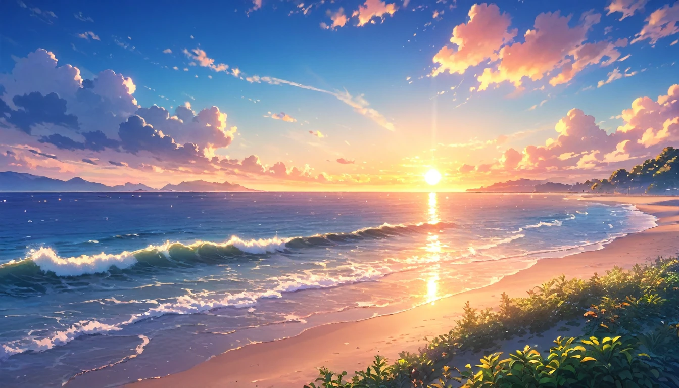 a beautiful serene sunset by the seaside park, calm waves, amazing scenery, anime style, detailed landscape, cinematic lighting, glowing sky, beautiful ocean, detailed foliage, detailed architecture, detailed clouds, beautiful colors, vibrant colors, intricate details, high quality, 8k, photo realistic, masterpiece
