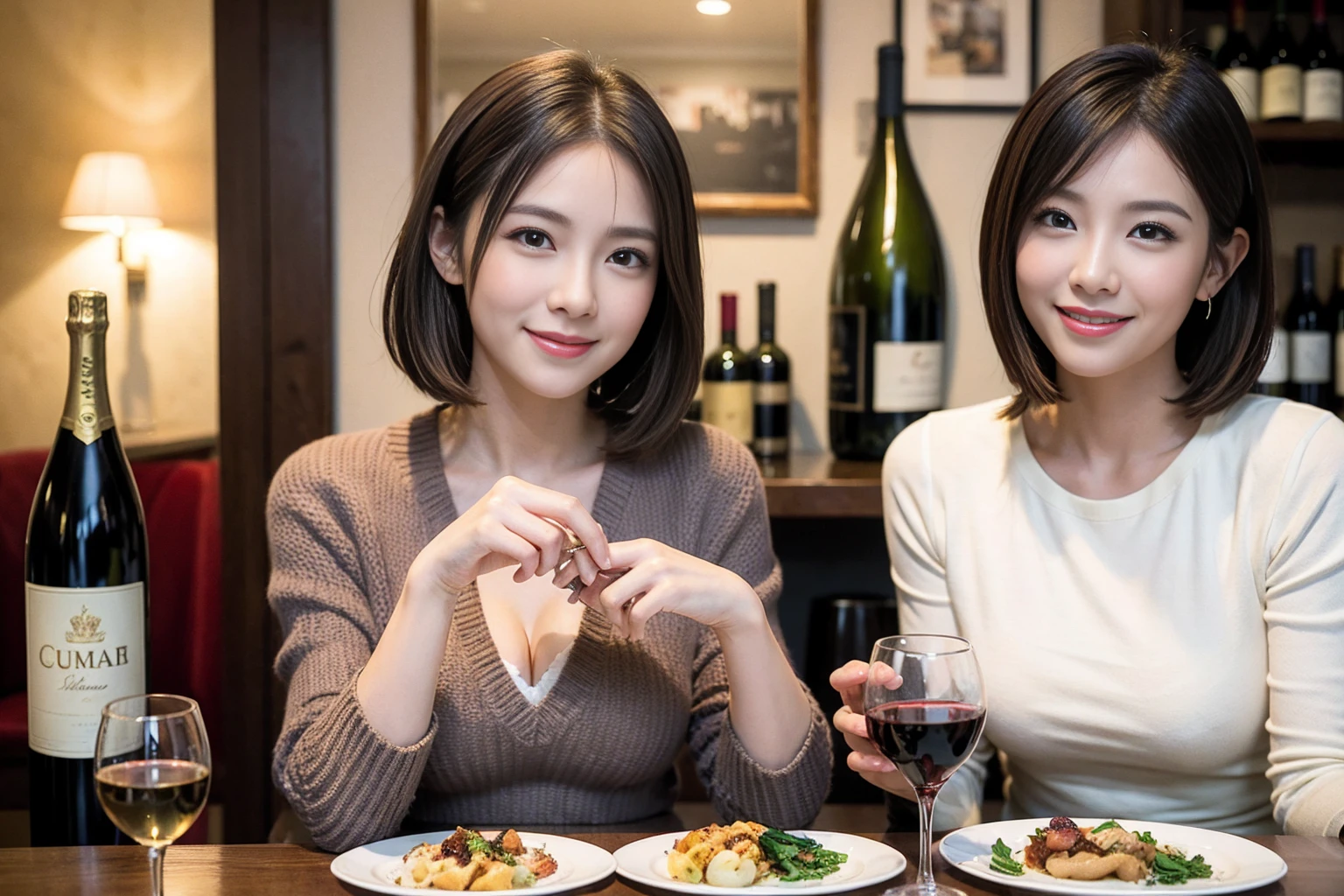 (Realistic:1.1),(masterpiece,Highest quality),8k,(49 years old), 53 years old, ベリーslimボディ、slimカップル、Tight waist,Upper Body,full-course dinner、wine 、Amazing view of the sunset sky and clouds、Perfect Anatomy, Brown Hair, short hair,Random Hairstyles,((Highly detailed face and eyes:1.2)),Perfect golden ratio face,Long sleeve shirt、dress,(smile:1.2)、Shortcuts、cute、(Realistic, Intricate details:1.2), A bright smile、short hair,Bright Face、赤wine 、Appetizers、Italian food、wine bottle、Champagne、スパークリングwine、(slimな顔), (The body is slim), (Brown Hair), (Shortcuts), Upper Body, 白wine, slim, wineグラス,