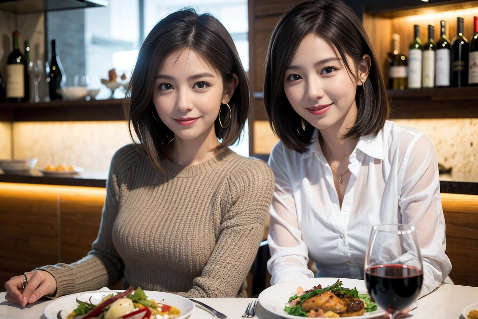 (Realistic:1.1),(masterpiece,Highest quality),8k,(49 years old), 53 years old, ベリーslimボディ、slimカップル、Tight waist,Upper Body,full-course dinner、wine 、Amazing view of the sunset sky and clouds、Perfect Anatomy, Brown Hair, short hair,Random Hairstyles,((Highly detailed face and eyes:1.2)),Perfect golden ratio face,Long sleeve shirt、dress,(smile:1.2)、Shortcuts、cute、(Realistic, Intricate details:1.2), A bright smile、short hair,Bright Face、赤wine 、Appetizers、Italian food、wine bottle、Champagne、スパークリングwine、(slimな顔), (The body is slim), (Brown Hair), (Shortcuts), Upper Body, 白wine, slim, wineグラス,