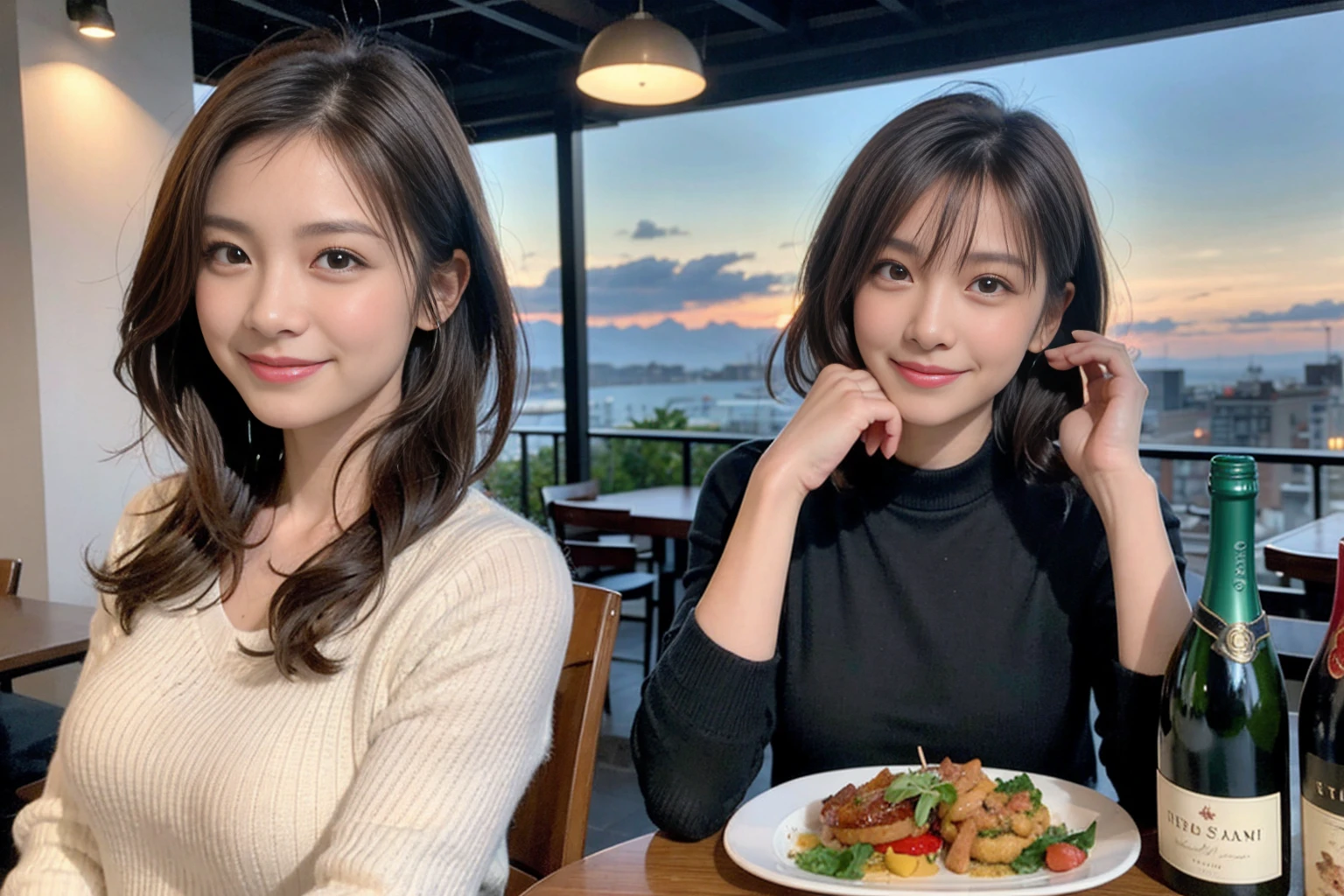 （Realistic:1.1）,(masterpiece,Highest quality)，8k,(49 years old), 53 years old, ベリーslimボディ、slimカップル、Tight waist,Upper Body,full-course dinner、wine 、Amazing view of the sunset sky and clouds、Perfect Anatomy, Brown Hair, short hair,Random Hairstyles,((Highly detailed face and eyes:1.2))，Perfect golden ratio face，Long sleeve shirt、dress,(smile:1.2)、Shortcuts、cute、(Realistic, Intricate details:1.2), A bright smile、short hair,Bright Face、赤wine 、Appetizers、Italian food、wine bottle、Champagne、スパークリングwine、(slimな顔), (The body is slim), (Brown Hair), (Shortcuts),  Upper Body, 白wine, slim, wineグラス, 