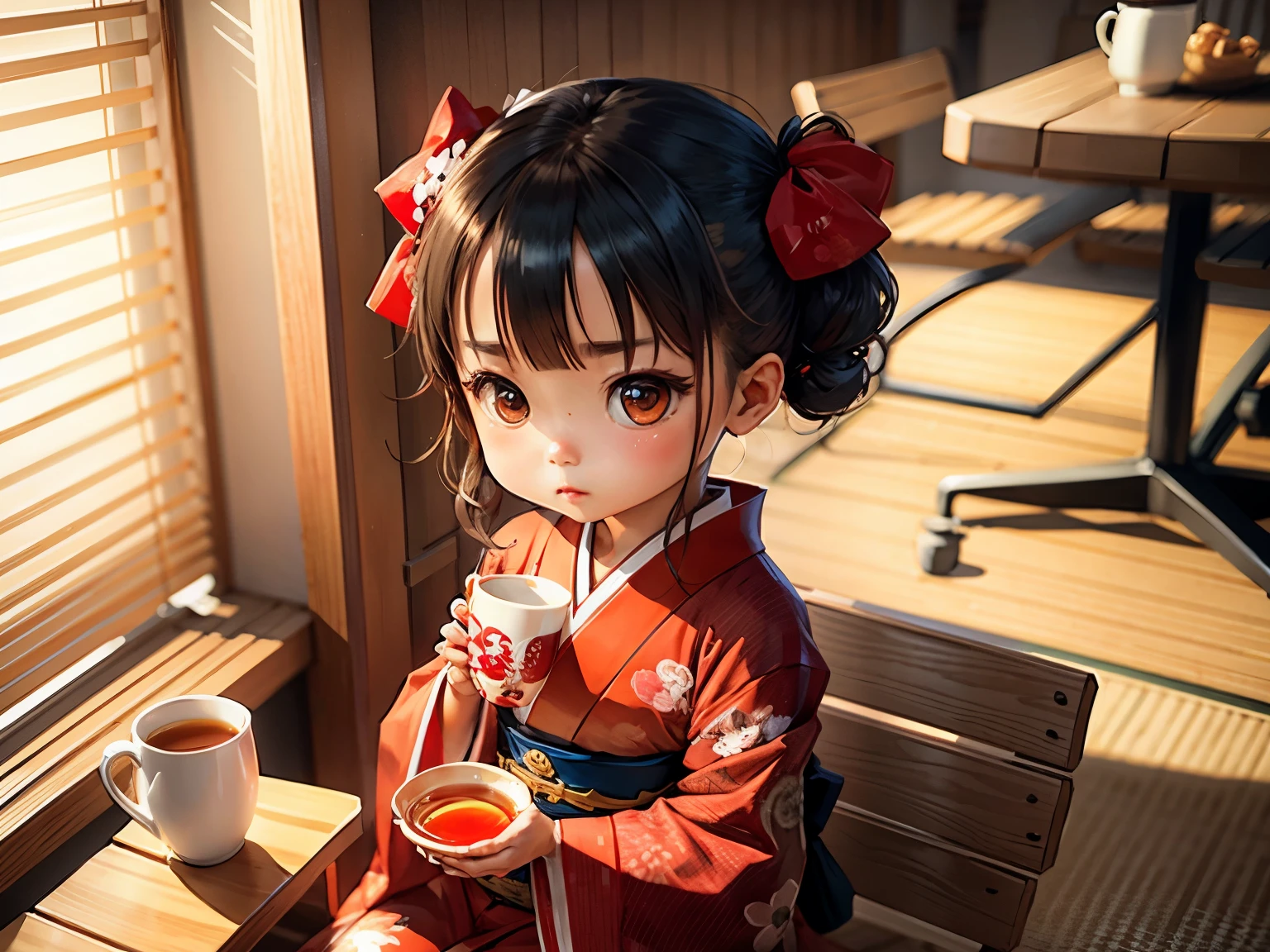 Cute chibi anime sitting in the cofee cup, wear red kimono, drink tea