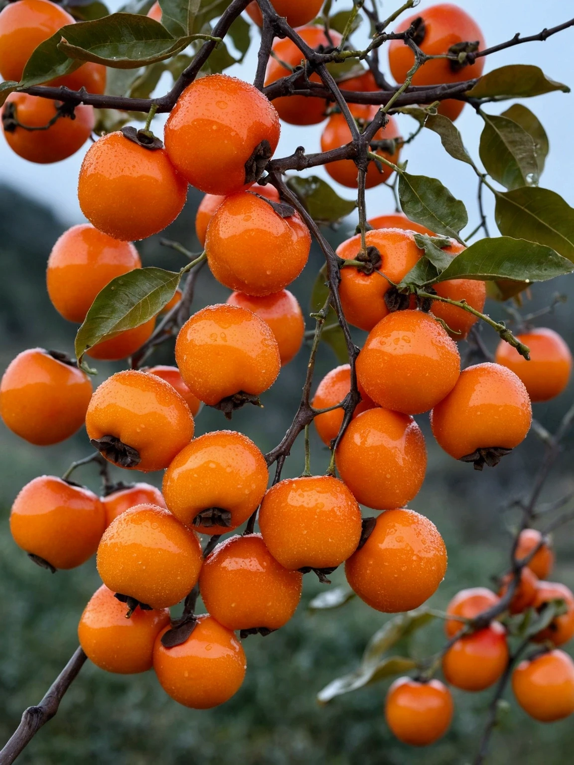 There are many dewy persimmons hanging on the branches，There are many persimmons,Dew on persimmons，The sky is very beautiful with fire clouds，real life，Real and natural,best quality, high resolution，masterpiece，High Detail，16K
