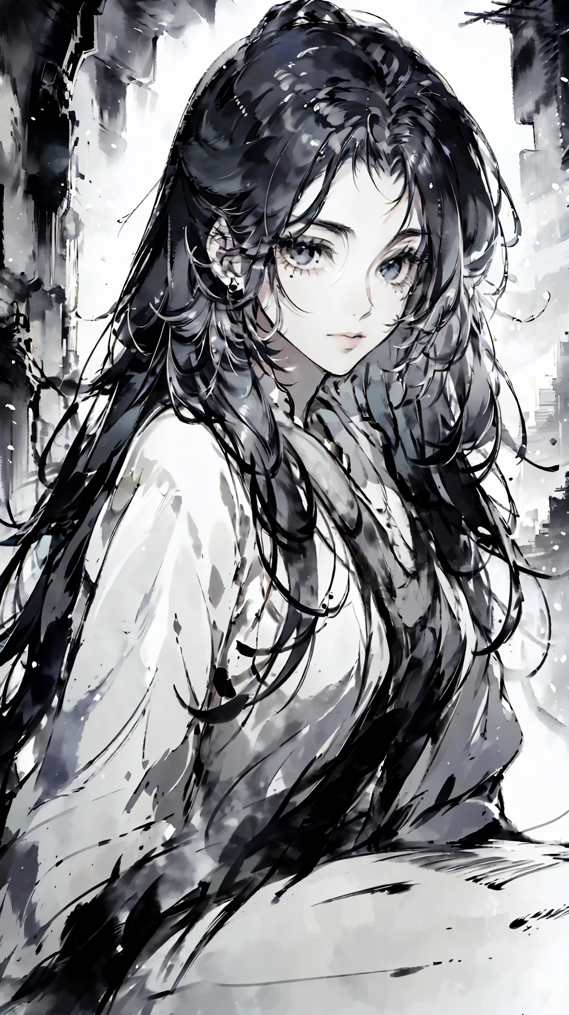 (best quality,4K,8K,high resolution,masterpiece:1.2),Very detailed, Beautiful and delicate eyes, Beautiful and delicate lips, Rich details on the eyes and face, Long eyelashes, 1 girl, Simplicity, ink, ink painting, portrait, Soft lighting, Subtle colors