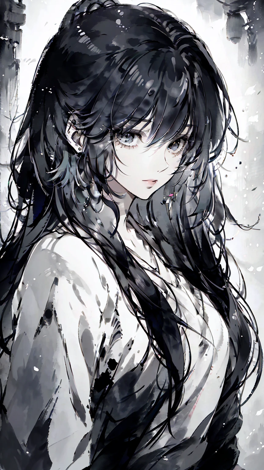 (best quality,4K,8K,high resolution,masterpiece:1.2),Very detailed, Beautiful and delicate eyes, Beautiful and delicate lips, Rich details on the eyes and face, Long eyelashes, 1 girl, Simplicity, ink, ink painting, portrait, Soft lighting, Subtle colors