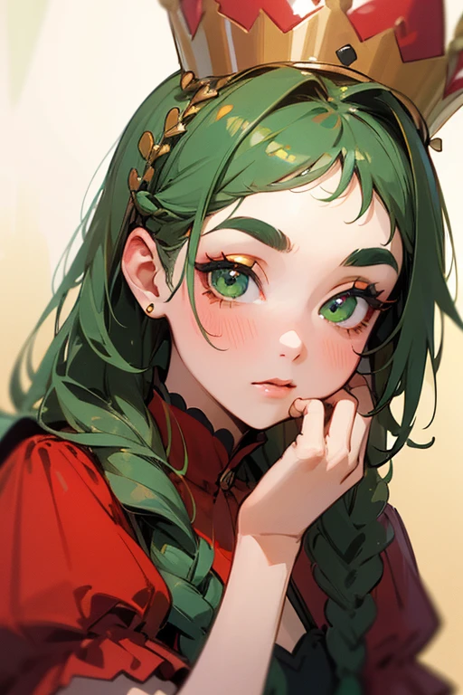 (Highest quality, masterpiece:1.2), High resolution, Very detailed, Realistic:1.37, Fantasy, An illustration, Green Eyes、Queen, Red dress.Platinum decoration、beautifully、Eyeshadow Red、Thick eyebrows、Long eyelashes、pupils are black、Her hair is light green、Gold crown、Kissing Face、Embarrassing、people々々々々々々Loved by、Shoulder Bare、Surprised face、Braiding、((Bunny girl)).