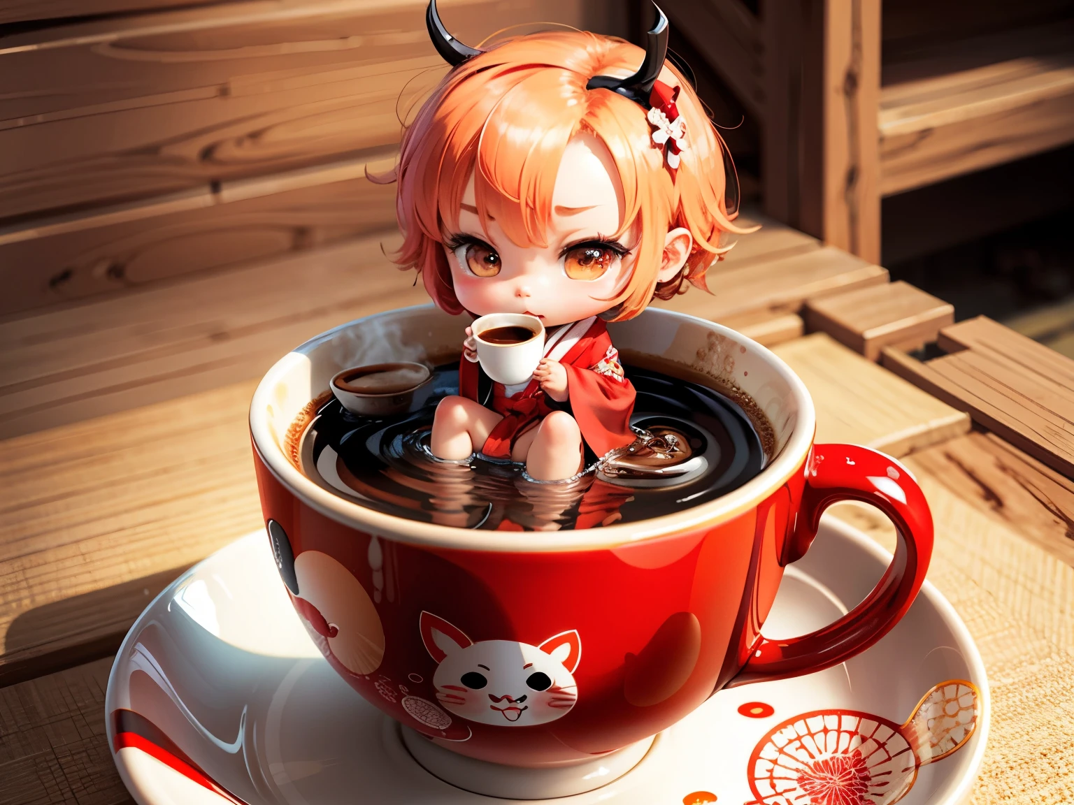 Cute chibi anime sitting in the coffee cup, wear red kimono