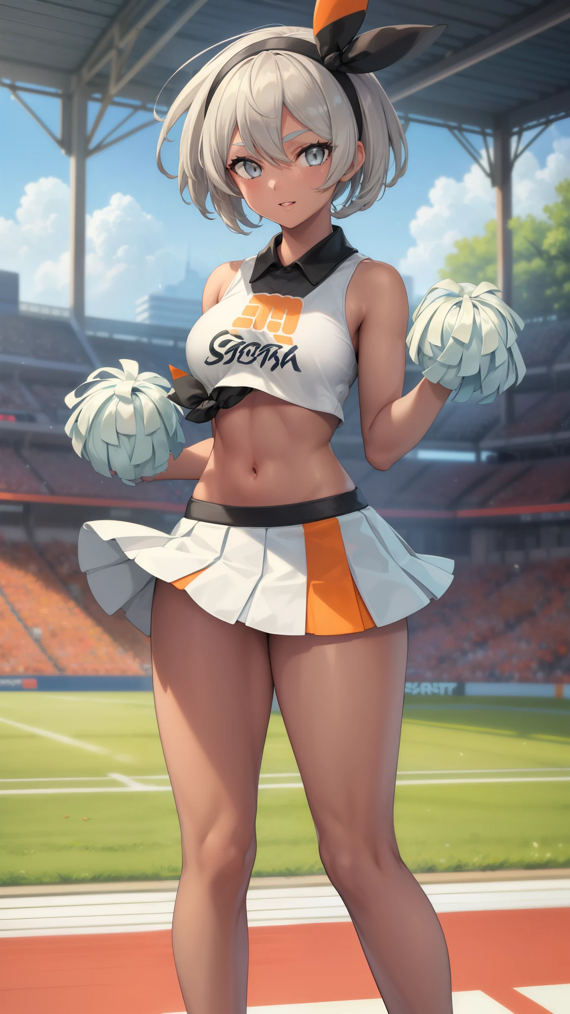 ((Bea pokemon)), (masterpiece:1.2, best quality), realistic, (real picture, intricate details, depth of field), ((1girl:1.2)), parted lips, highly-detailed, gorgeous perfect face, (skindentation), tanned skin, thick thighs, (wide hips), average waist, tall, ((short white hairs)), headband, beautiful grey eyes, looking at viewer, confident smile, toned body, rugby field, ((white cheerleader outfit)), short skirt, sleeveless croptop, midriff, bare arms, large breasts, ((full body)), (bare legs),