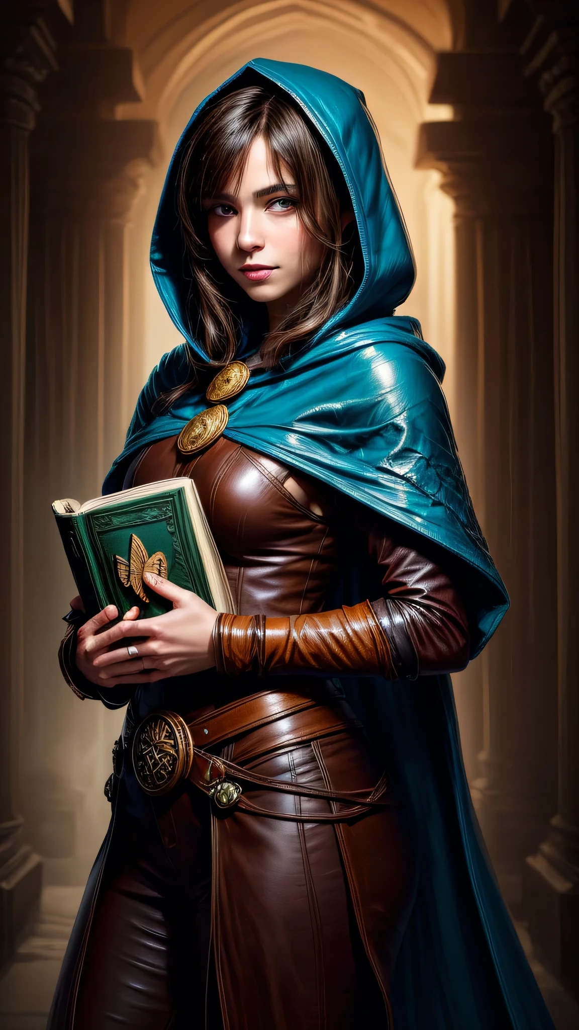 Quick Portrait Painting of a Fantasy Brunette Human Adventurer, with a blue hood, in a temple, d&charachter, holding a large leather-bound magical book with a butterfly on the cover of the book, slight smile on your face.