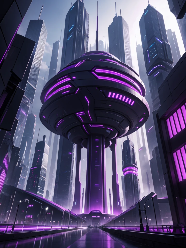 a rendering of a futuristic city in purple and black colors
