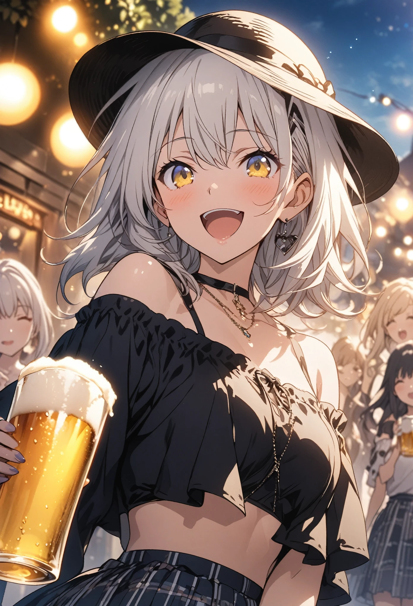 Two Girls, Posing with a beer glass, cheers, masterpiece, Highest quality, Highly detailed CG Unity 8k wallpaper, High School Girl Anime Illustration, wearing off-the-shoulder clothes, She is wearing a red and black checked skirt..., She closes her eyes and opens her mouth wide, smile. white hair color, Yellow Eyes, Bokeh, Street Style Fashion, Wear a hat, Spotlight,Lighting, Lens flare, blue sky, The background is a beer garden, Bokeh, (Soft Focus): 1.2, Out of focus highlights, Dreamy atmosphere, Fascinating Depth