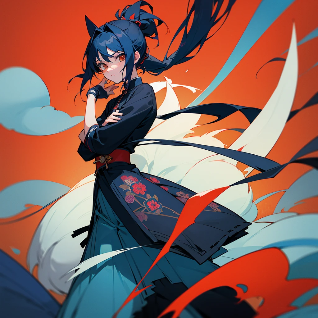Anime-style illustration of a small named Koshirou with long black hair tied in a ponytail with a blue ribbon and floral decoration. Koshirou is wearing a traditional dark blue shinobi shozoku ninja outfit with blue floral patterns, including black tekko (hand guards) and kyahan (leg guards). Koshirou is wearing a large white fox mask with intricate red and blue lines on it, clearly and prominently covering their entire face. The style is bright, colorful, and dynamic, with intricate detai