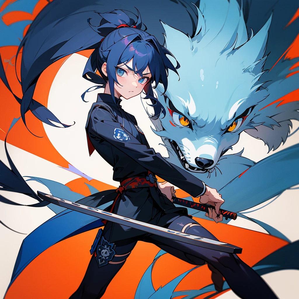 Anime-style illustration of a small named Koshirou with long black hair tied in a ponytail with a blue ribbon and floral decoration. Koshirou is wearing a traditional dark blue shinobi shozoku ninja outfit with blue floral patterns, including black tekko (hand guards) and kyahan (leg guards). Koshirou is wearing a large white fox mask with intricate red and blue lines on it, clearly and prominently covering their entire face. The style is bright, colorful, and dynamic, with intricate detai