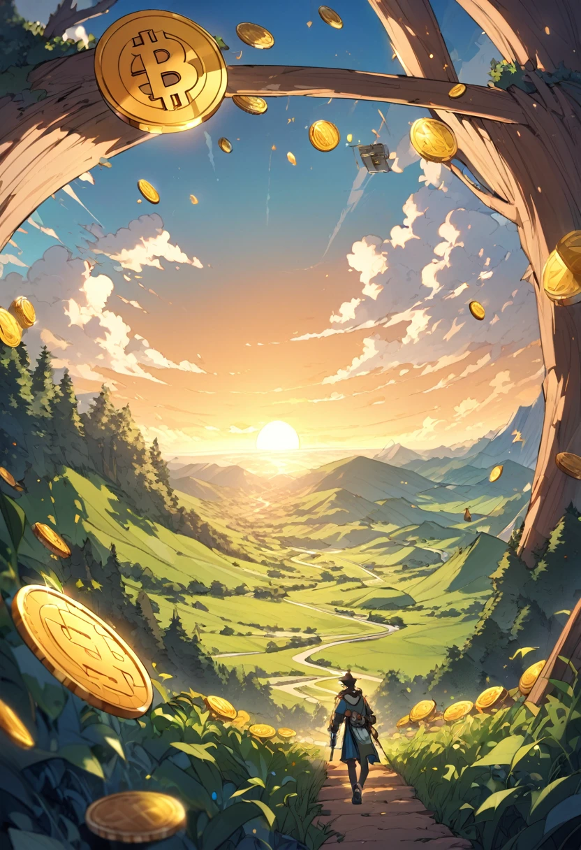 Vast Field: Illustrate a vast field with a backdrop of clear blue skies.
Crypto Coins: Include images of various cryptocurrencies like Bitcoin, Ethereum, and other altcoins growing on the field.
Natural Landscape: Incorporate natural elements such as trees, green hills, and a sunrise casting a golden glow on the coins.
Pathway: Depict a winding pathway traversing the field, indicating directions to explore various opportunities.
"CoinSeeker" Character: Add an image of a seeker looking forward with enthusiasm, embodying the spirit of adventure and exploration in seeking opportunities in the crypto world.