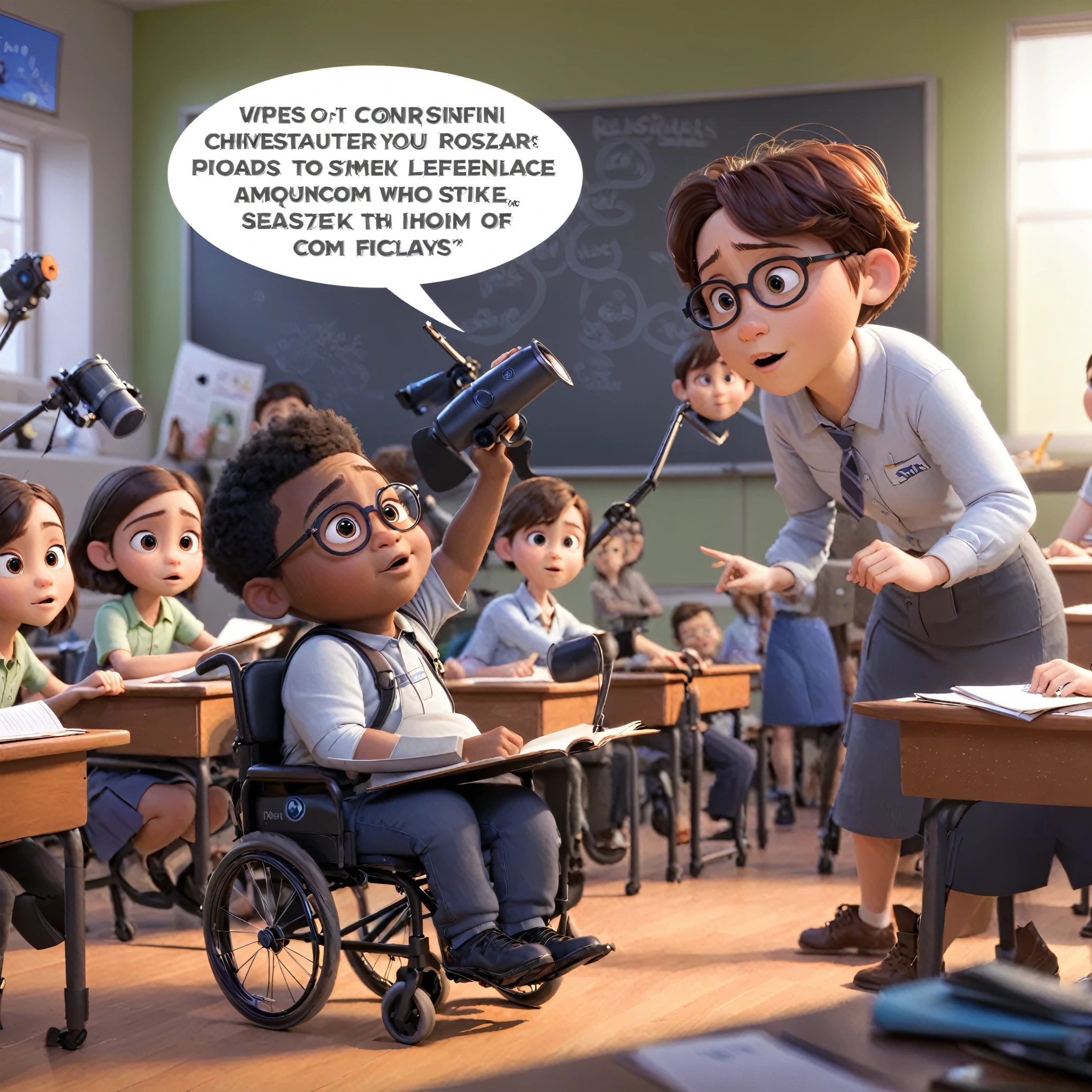 3D perfeito, alta definição, em bugs nas mãos e dedos e rostos, imagem de desenho animado de um professor em uma cadeira de rodas conversando com um grupo de crianças, Cena do filme Pixar, ainda do filme da pixar, quadro do filme da pixar, da Pixar, ainda de um filme da pixar, ainda do filme da pixar, cena de filme animado, filme da pixar ainda, ainda de um filme da pixar de 2015, render in pixar, filme de animação ainda, disney filme da pixar ainda, Create a 3D art scene in Pixar style, matching the visual style and details from the reference letter. The scene depicts a 9-year-old black boy with a physical disability, who is chubby and wears glasses, sitting in a classroom during a science lesson. He repeatedly raises his hand to answer questions, but the teacher, who is stylized in a Pixar-like manner, ignores his attempts and always chooses other students to speak. The boy lowers his hand slowly, feeling invisible and devalued, questioning the importance of his contributions. Capture Pixar-style characteristics with expressive, lively poses, smooth textures, and soft, warm lighting. Ensure the characters are stylized according to Pixar's aesthetic and none of them are looking at the camera. The setting should reflect the vibrant and detailed atmosphere of a classroom, as seen in the reference. --no ballons --v 6.0 --style raw --s 750 --ar 3:2