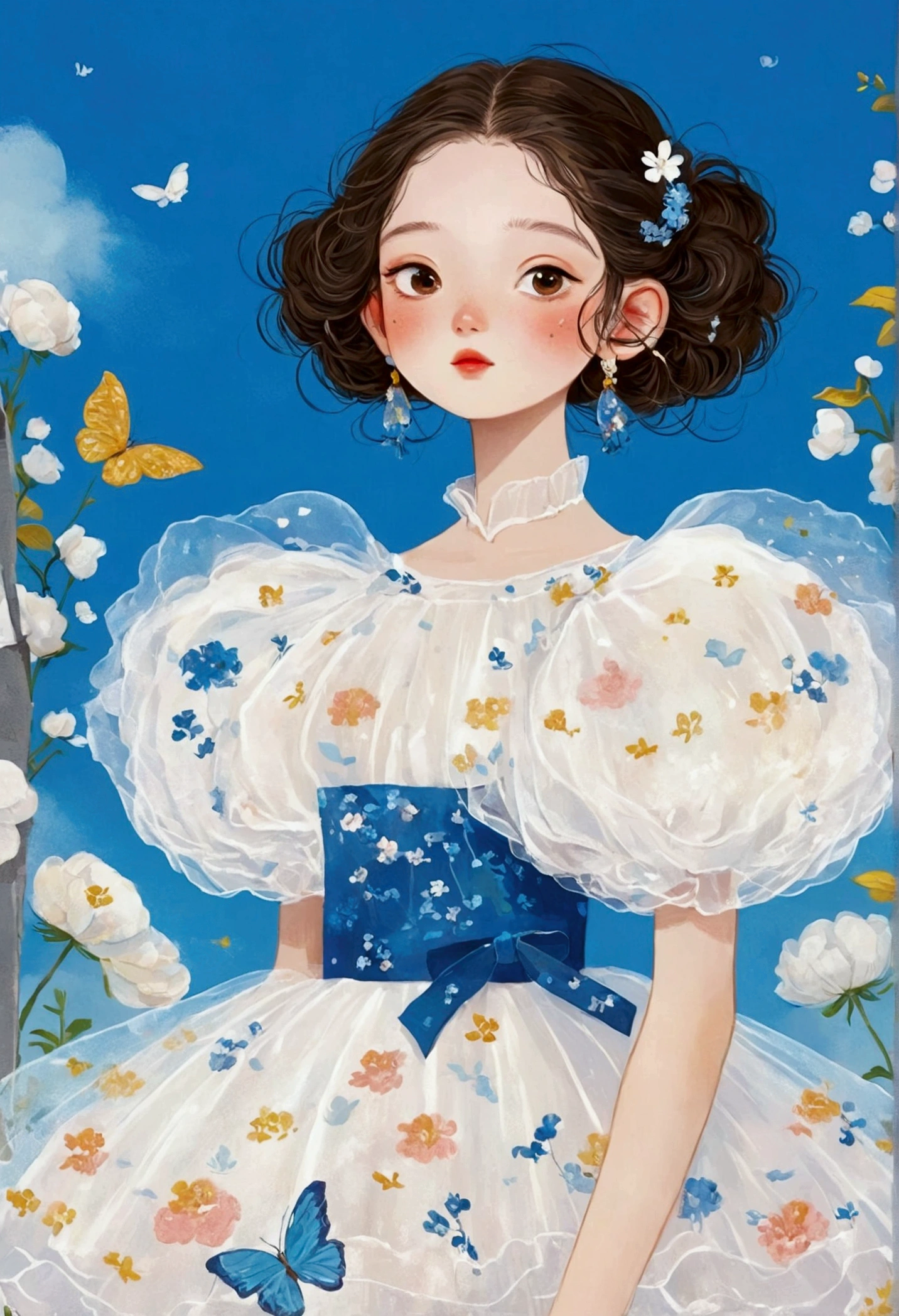 服装设计illustration，The painting shows a portrait of a girl in a dress，Fluffy tulle skirt，White Tulle Skirt - Fluffy - Multi-layered，Dress inspired by flowers - flower shape， Popular trends on artstration, 一幅美丽的艺术illustration, Beautiful digital illustrations, 彩色illustration, author：Golden Farmer, 详细的时装illustration, Porcelain skin. Studio Ghibli, illustration, Mei Qing, 创辉illustration, Fantasy illustrations, author：unbelievable，Blue Background，White Cloud
