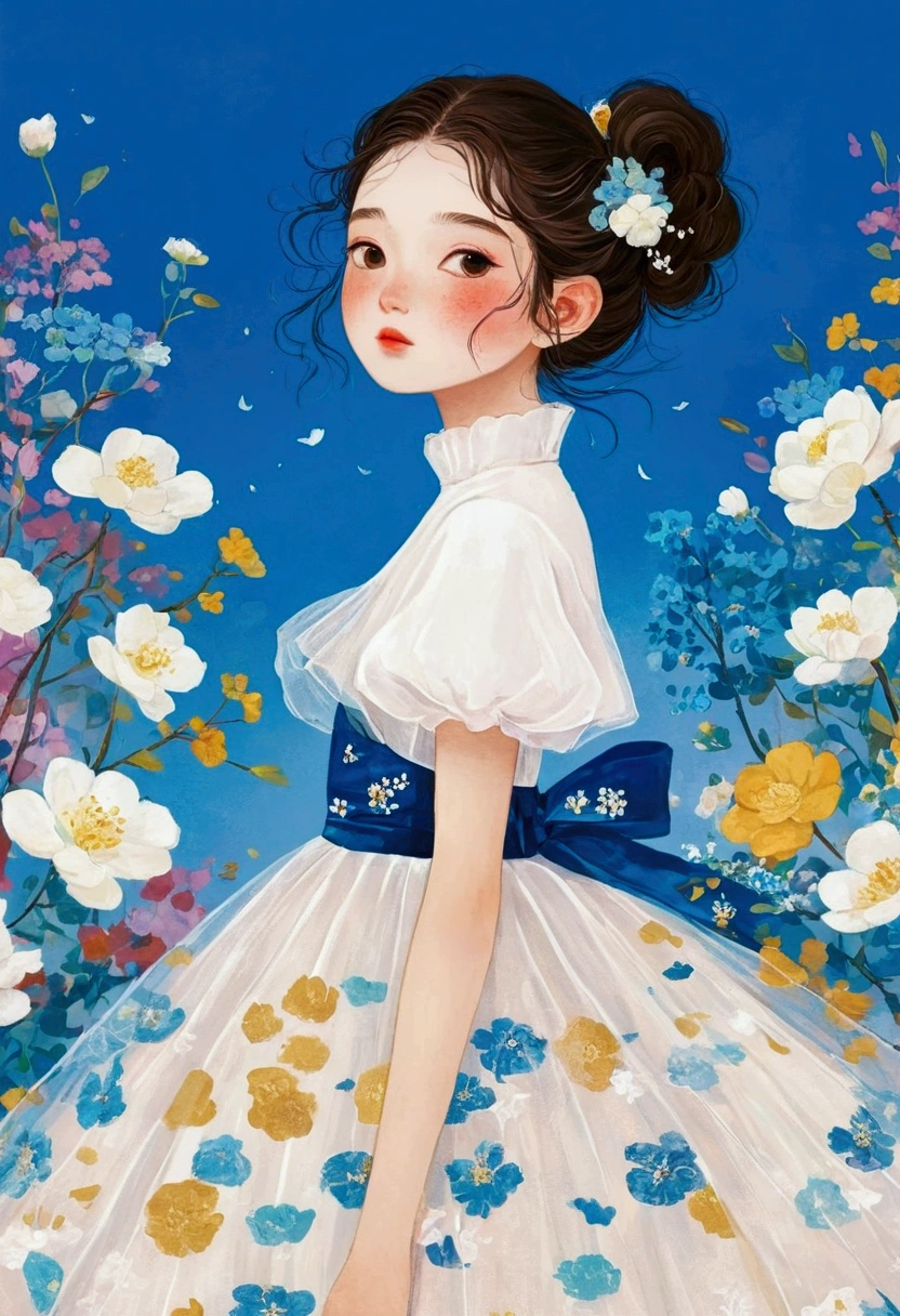 服装设计illustration，The painting shows a portrait of a girl in a dress，Fluffy tulle skirt，White Tulle Skirt - Fluffy - Multi-layered，Dress inspired by flowers - flower shape， Popular trends on artstration, 一幅美丽的艺术illustration, Beautiful digital illustrations, 彩色illustration, author：Golden Farmer, 详细的时装illustration, Porcelain skin. Studio Ghibli, illustration, Mei Qing, 创辉illustration, Fantasy illustrations, author：unbelievable，Blue Background，White Cloud
