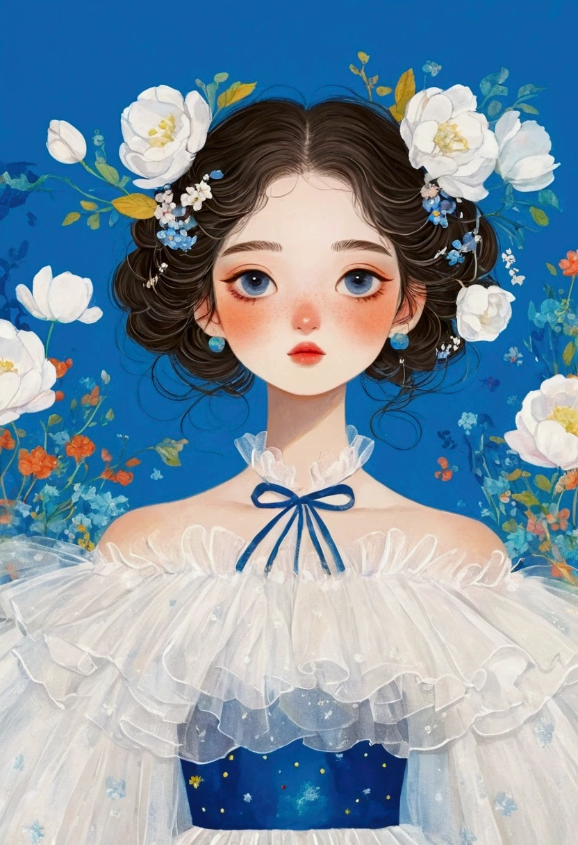 服装设计illustration,The painting shows a portrait of a girl in a dress,Fluffy tulle skirt,White Tulle Skirt - Fluffy - Multi-layered,Dress inspired by flowers - flower shape, Popular trends on artstration, 一幅美丽的艺术illustration, Beautiful digital illustrations, 彩色illustration, author:Golden Farmer, 详细的时装illustration, Porcelain skin. Studio Ghibli, illustration, Mei Qing, 创辉illustration, Fantasy illustrations, author:unbelievable,Blue Background,White Cloud
