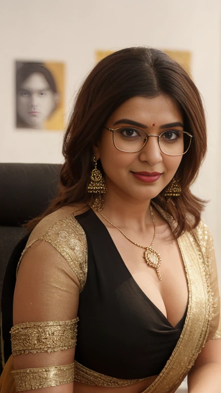 extreme close up photo of naked indian, big cheeks, hourglass figure, curvy, kneel down on all four on table in office, red lips, nerd glasses,big , necklace, sultry, only saree, no blouse,no bra,saree without blouse, stanapatta, blouseless saree,braless saree,onlysaree,look at viewer and subtle smile, (cinematic:1.3), intricate details, (ArtStation:1.2)