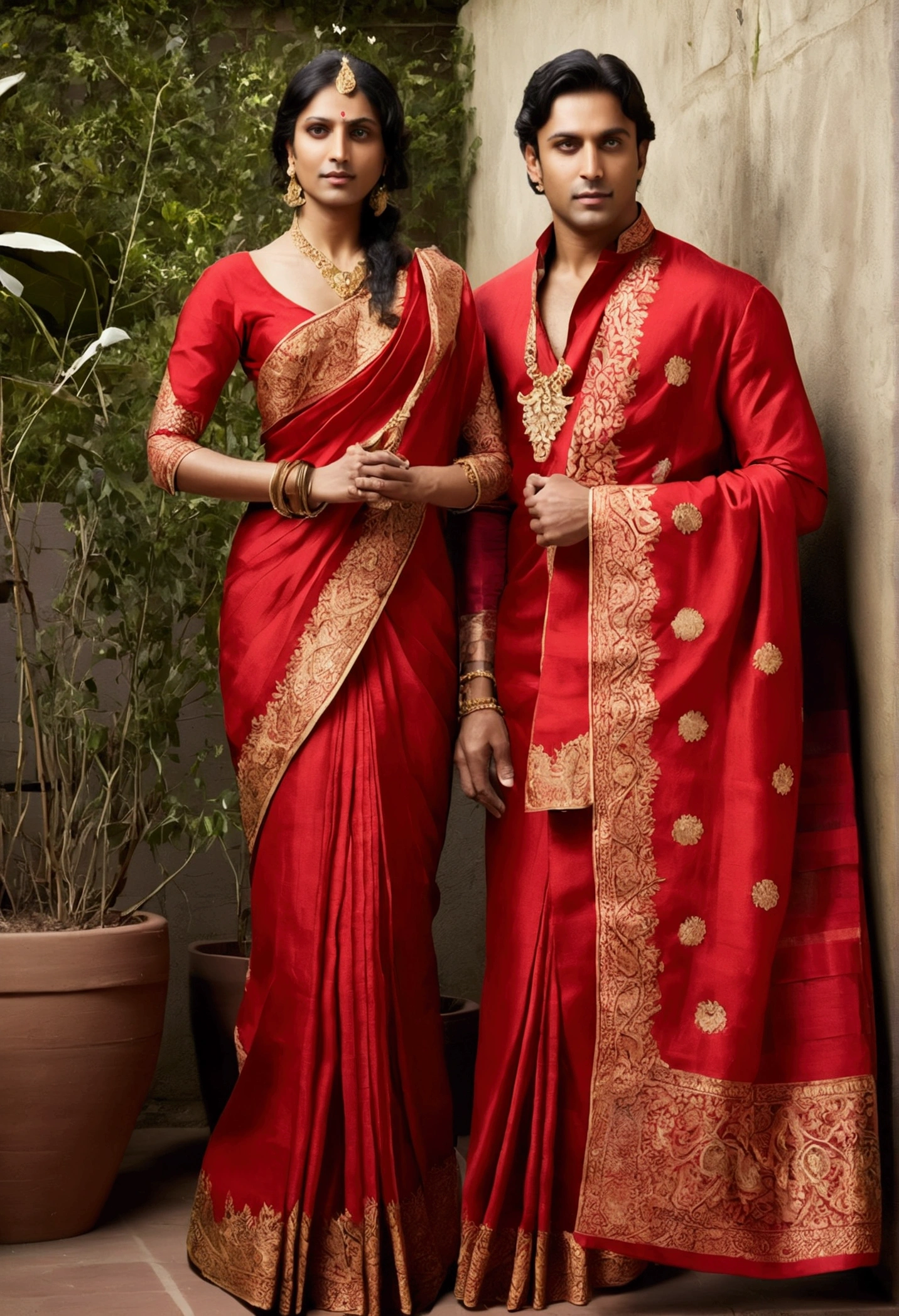a Man and Woman in Radiant Red Saris: Provocative Indian Elegance
(Raw: 1.3), (Realistic: 1.5), (Clarity: 1.5), (Two Individuals), Indian, (Age Range: 25-30), ((Height: 1.7)), ((Mass: 1.4 for the man, 1.2 for the woman)), ((Sari Fabric: Rich Red Silk, Border Embroidered with Gold Threads)), ((Man Attire: Loincloth adorned with intricate patterns, elbow-length sleeves)), ((Woman Attire: Sari draped in traditional Indian style,(big breasts ) (big back)