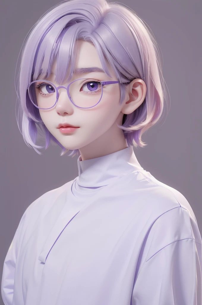 Best quality, cartoon_Portrait, 1 man, solo, man with short white-purple hair, light pastel, looking at viewer, simple background, gray eyes, closed mouth, glasses, long colored shirt. white, lips, swept bangs, bedroom background, red lips, 1 white cat