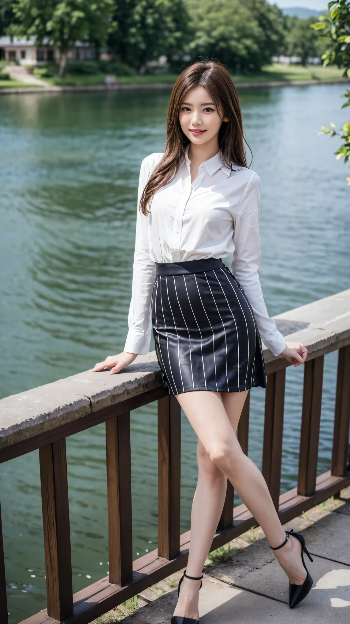 ((masterpiece)),(((Highest quality))),A low-angle shot that highlights her beautiful thighs and crotch:1.5,Long legs,The best smile:1.5,Slim figure:1.5,whole body:1.5,(One Girl:1.3),(Viewer Display:1.4),(Pointy high heels:1.3),(Standing with legs wide apart by the lake:1.2),(Wearing a striped long skirt dress:1.2),Long Curly Hair:1.5,
